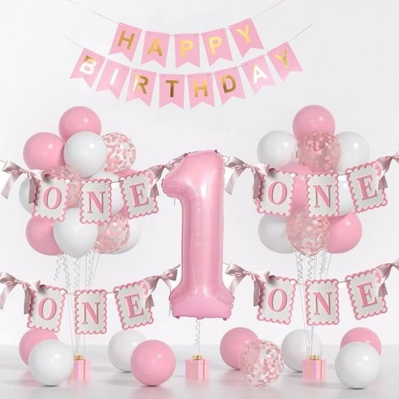 First Birthday “ONE” Banner Garland Set, Fabric Alphabet Pull-Flag Backdrop with Ribbon for Kids Birthday Party Decorations