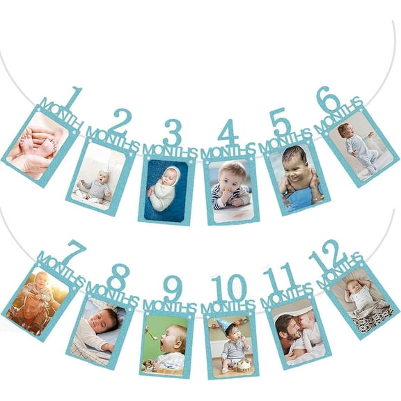 First Birthday Party Banner,Baby Photo Banner from Newborn to 12 Month,Boys and Girls 1st Birthday Celebration with Frame,Monthly Milestones Magic for First Birthday Photo Garland