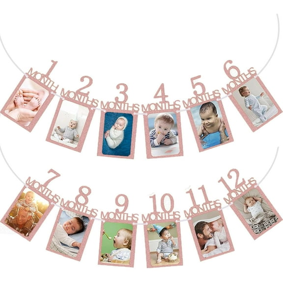 First Birthday Party Banner,Baby Photo Banner from Newborn to 12 Month,Boys and Girls 1st Birthday Celebration with Frame,Monthly Milestones Magic for First Birthday Photo Garland