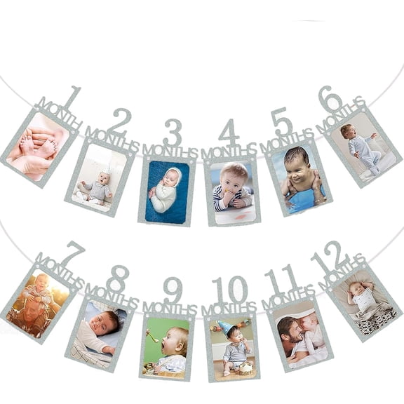 First Birthday Party Banner,Baby Photo Banner from Newborn to 12 Month,Boys and Girls 1st Birthday Celebration with Frame,Monthly Milestones Magic for First Birthday Photo Garland
