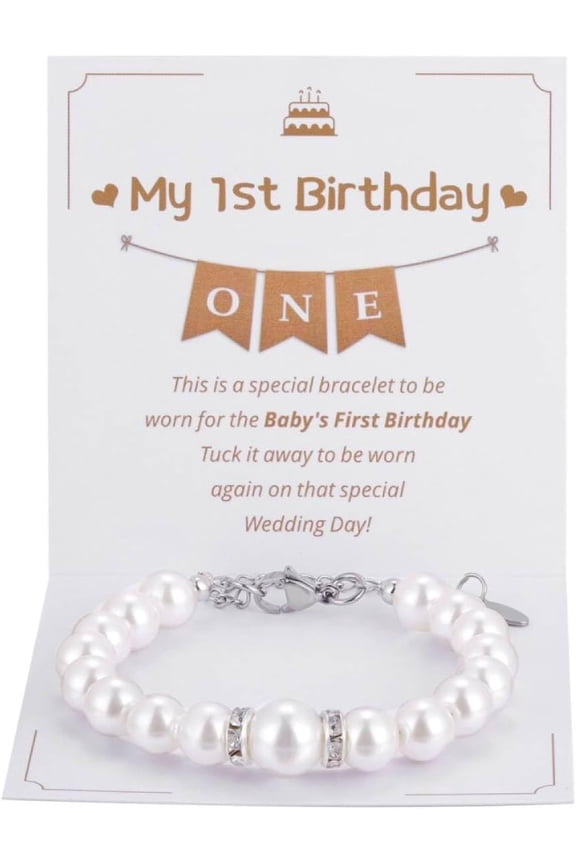 First Birthday Pearl Bracelet Gift for 1 Year Old Daughter Granddaughter Niece, Happy 1st Birthday Jewelry, Wonderful 1st Birthday White Pearl Adjustable Bracelet Gift for Age One