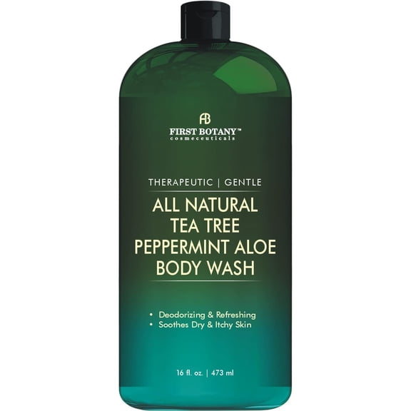First Botany All Natural Tea Tree Body Wash - Fights Body Odor, Athletes Foot, Jock Itch, Dandruff, Acne, Eczema, Yeast Infection, Shower Gel for Women & Men, Peppermint Aloe Skin Cleanser 16 oz