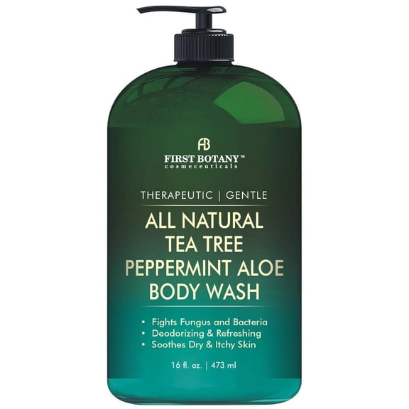 First Botany All Natural Tea Tree Body Wash - Fights Body Odor, Athletes Foot, Jock Itch, Dandruff, Acne, Eczema, Yeast Infection, Shower Gel for Women & Men, Peppermint Aloe Skin Cleanser 16 oz