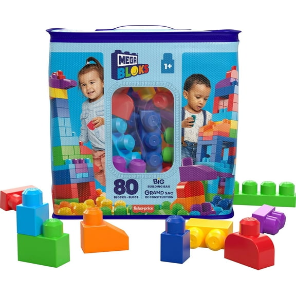 First Builders Toddler Blocks Toys Set, Big Building Bag with 80 Pieces and Storage, Blue, Ages 1+ Years