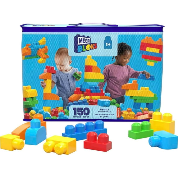 First Builders Toddler Blocks Toys Set, Deluxe Building Bag with 150 Pieces and Storage, Blue