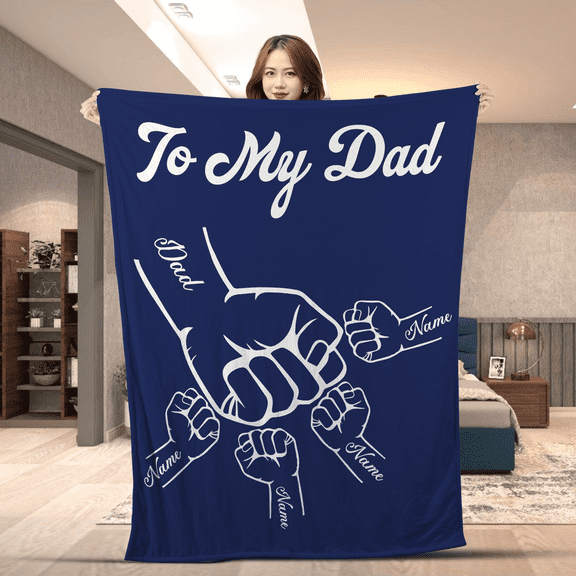First Bump Dad Father Grandpa Personalized Blanket -Hands Of Family Members With Custom Kid Names Throw To Dad Grandpa Father's Day Christmas Xmas - Fleece-60x80