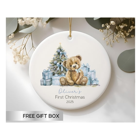 First Christmas 2025 Custom Name Ornament — Blue Tones, Classic Holiday Keepsake