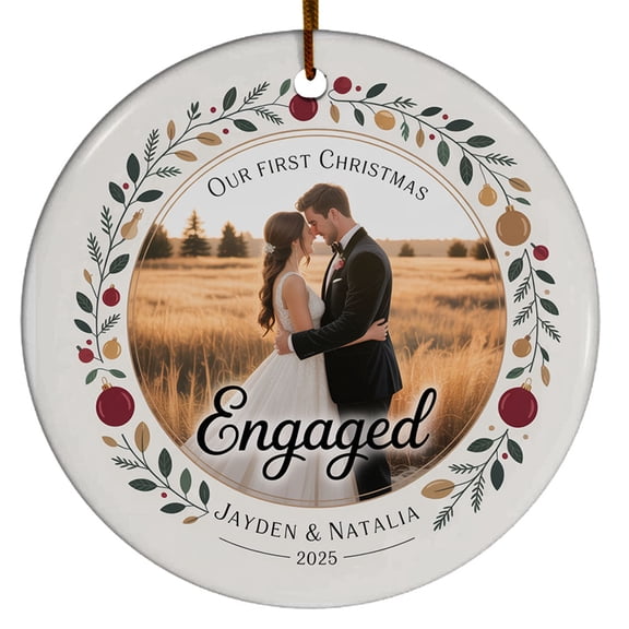 Our First Christmas Engaged Ornament 2025, Custom Name Text Date Photo Mr & Mrs Engaged Keepsake, Photo Couple 1st Christmas Ornament Gift for Newlywed Engagement Anniversary