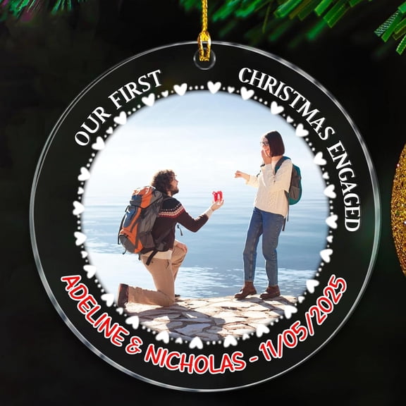 Our First Christmas Engaged Ornament 2025, Date/Photo & Names 1st Xmas Engaged Ornaments Gift for Anniversary, Add Picture Mr & Mrs Together Xmas Ornament Gift for Engagement