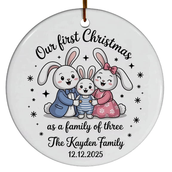 Our First Christmas as a Family of Three Ornament 2025, Cute Bunny Family Ceramic Christmas Ornament, Custom Name Text Family & Date Xmas Gift for New Parents Mom Dad Baby