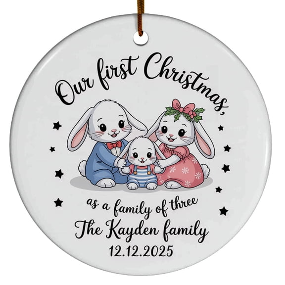 Our First Christmas as a Family of Three Ornament 2025, Cute Bunny Family Ceramic Christmas Ornament, Custom Name Text Family & Date Xmas Gift for New Parents Mom Dad Baby