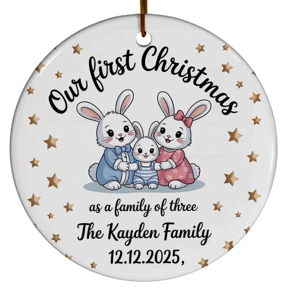 Our First Christmas as a Family of Three Ornament 2025, Cute Bunny Family Ceramic Christmas Ornament, Custom Name Text Family & Date Xmas Gift for New Parents Mom Dad Baby