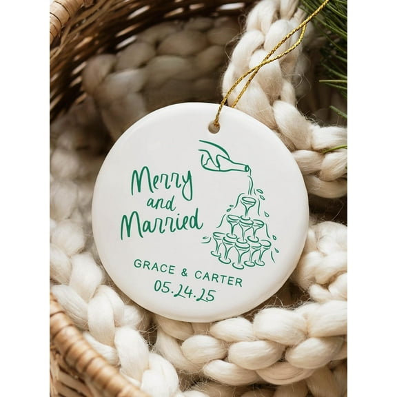 First Christmas Gift for Bride Custom Ornament, Merry and Married Christmas Ornament Wedding Gift, Doodle Aesthetic Ornament Couples Gift