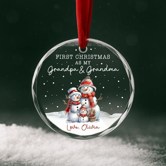 First Christmas Grandparent Glass Ornament – Personalized New Grandma & Grandpa Snowman Gift