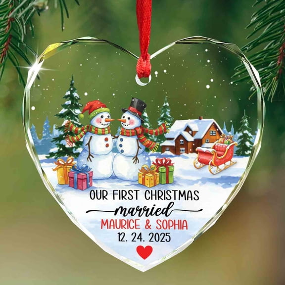 Our First Christmas Married Glass Ornament, Personalized 2025 Mr & Mrs Snowman Christmas Ornament, Custom Newlyweds First Year Married Ornaments, Snowman Couple Gifts for Wedding Anniversary