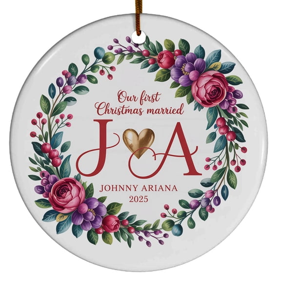Our First Christmas Married Ornament, 1st Christmas Ornament Gift for Mr & Mrs Wedding Married, Floral 2025 Gifts, Custom Name Text Initial Names Christmas Ornaments