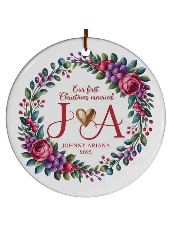 Our First Christmas Married Ornament, 1st Christmas Ornament Gift for Mr & Mrs Wedding Married, Floral 2025 Gifts, Custom Name Text Initial Names Christmas Ornaments