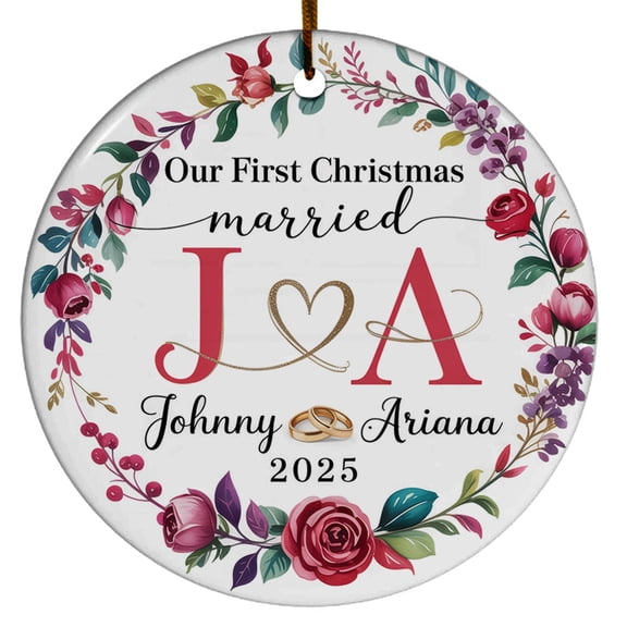 Our First Christmas Married Ornament, 1st Christmas Ornament Gift for Mr & Mrs Wedding Married, Floral 2025 Gifts, Custom Name Text Initial Names Christmas Ornaments
