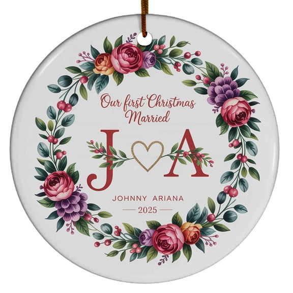 Our First Christmas Married Ornament, 1st Christmas Ornament Gift for Mr & Mrs Wedding Married, Floral 2025 Gifts, Custom Name Text Initial Names Christmas Ornaments