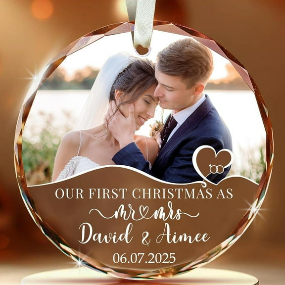 First Christmas Married Ornament 2025 - Sea-Glass-Style Mr & Mrs Photo Keepsake, Personalized Wedding Picture Name Date, Couple Gift