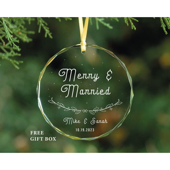 First Christmas Married Ornament Merry & Married Personalized Newlywed Glass Keepsake, Wedding Couple Holiday Decoration