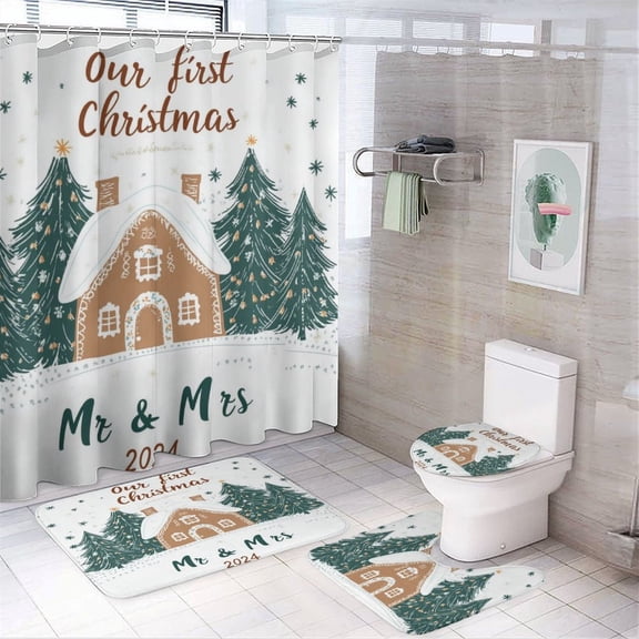 First Christmas As Mr Mrs Personalized 4 Piece Decor Shower Curtains Sets with Non-Slip Rugs Toilet Lid Cover And Bath Mat Xmas Holiday Decor Waterproof Shower Curtain for Bathroom Decor Set