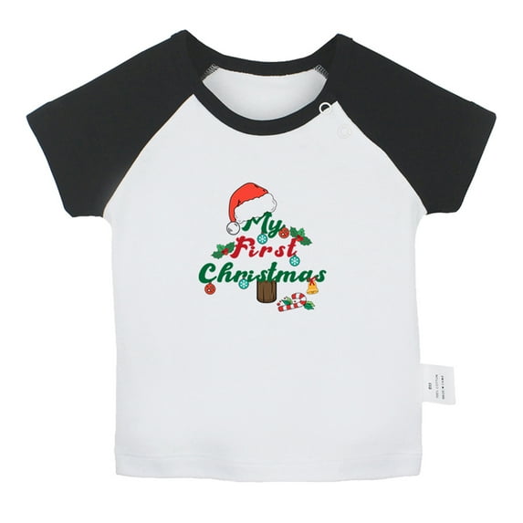 My First Christmas Novelty T shirt For Baby, Newborn Babies T-shirts, Infant Tops, 0-24M Kids Graphic Tees Clothing (Short Black Raglan T-shirt, 0-6 Months)