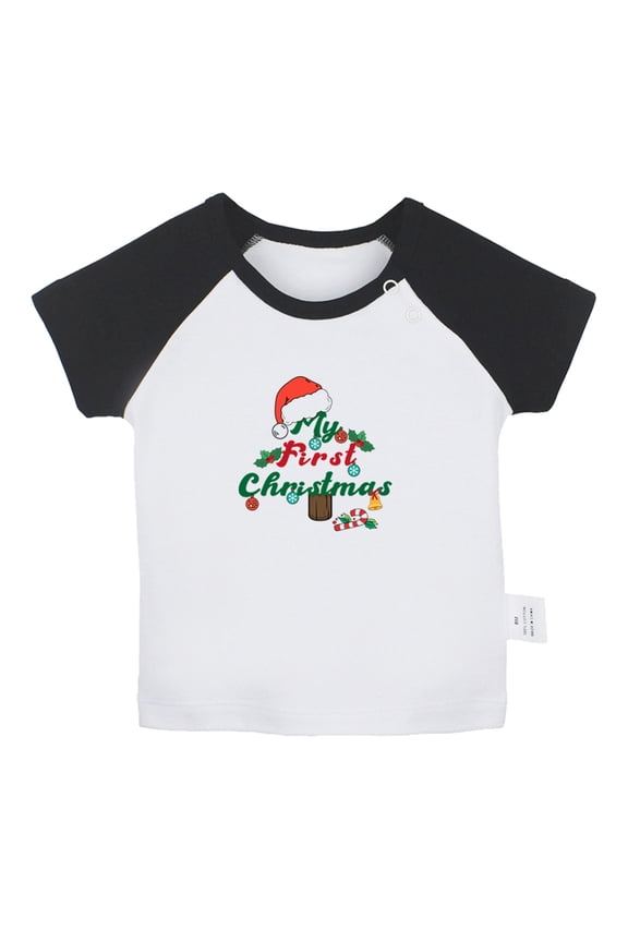 My First Christmas Novelty T shirt For Baby, Newborn Babies T-shirts, Infant Tops, 0-24M Kids Graphic Tees Clothing (Short Black Raglan T-shirt, 12-18 Months)
