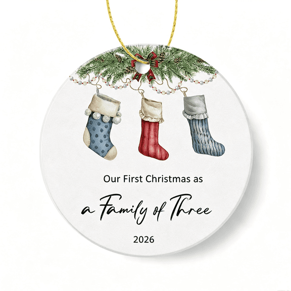 2026 First Christmas Ornament,Our First Christmas as a Family of Three Keepsake New Parent Ornament, 1st Christmas as Mom & Dad, Newborn Baby Gift XMAS Tree Hanging Ornament Round 3 Inch