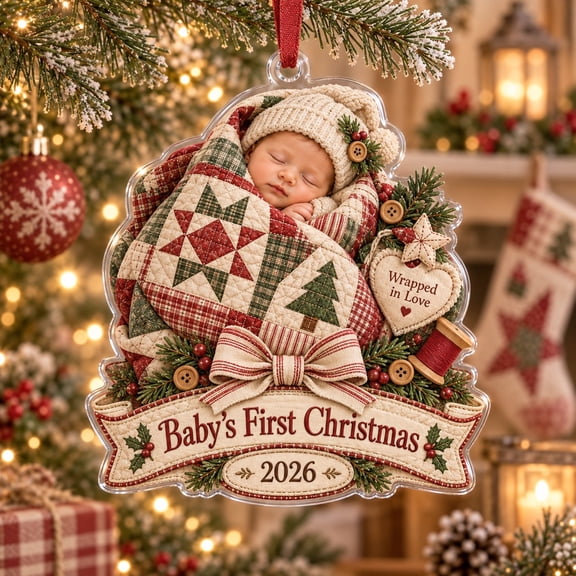 First Christmas Ornament, Heirloom Patchwork Quilt Tree Keepsake, 2026 Holiday Gift for New Parents