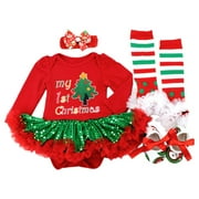 My First Christmas Outfit Baby Girl Long Sleeve Sequins Romper and Tutu Dress+Headband+Striped Leg Warmers+Shoes Toddler Clothing 4PCS Clothes Set 0-18M