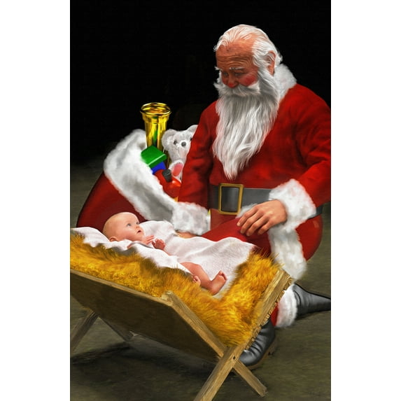 'First Christmas' Santa Claus Praying To Baby Jesus Nativity 11x17 Fine Art Poster Print By Mark Spears