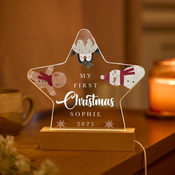 First Christmas Star Custom Night Light Acrylic Plaque Wooden Base Nursery Decoration Family Keepsake Gift Bedside Lamp