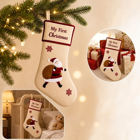 My First Christmas Stocking, 17.7 Inch Embroidered Linen Keepsake with Applique and Hanging Loop, Holiday Fireplace Mantel and Nursery Display, Santa Claus Design