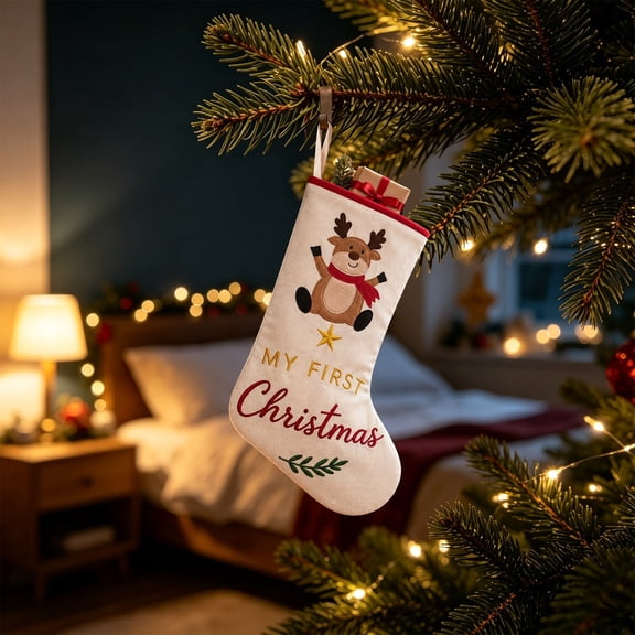 First Christmas Stocking Embroidered Hanging Sock For Fireplace Holiday Gift Holder