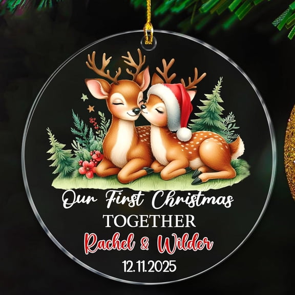 Our First Christmas Together Ornaments, Couple Deer Together Ornament Gift for Dating Anniversary, Custom Date/Names Mr & Mrs Deer Married Xmas Ornaments, 1st Xmas Together Ornament Gift
