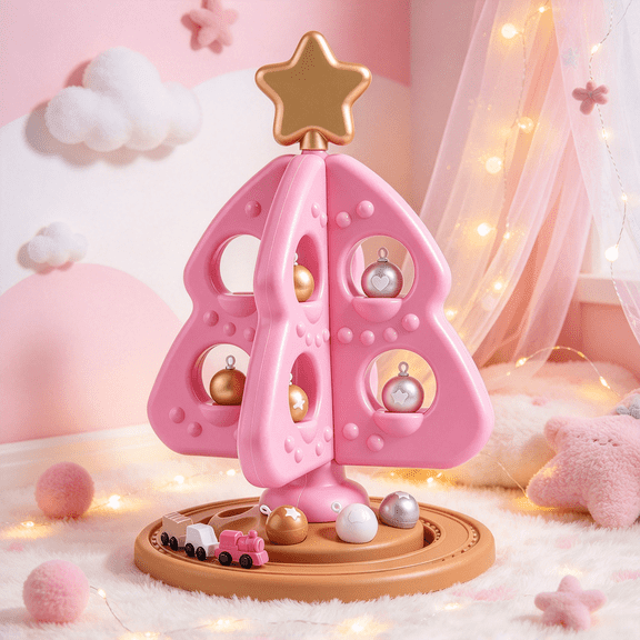 My First Christmas Tree Stacking And Sorting Toy-Pink,Preschool Activity Playset with Removable Ornaments,Festive Interactive Learning Toy for Fine Motor Skills