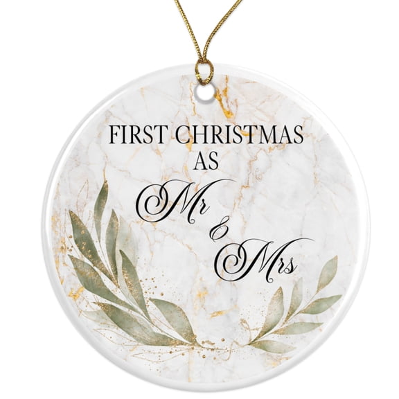 First Christmas as Mr and Mrs Ornament - Newlywed Wedding Holiday Decor - Floral Marble Design Ceramic Ornament - 3 Inch - String Included - ORNW0308