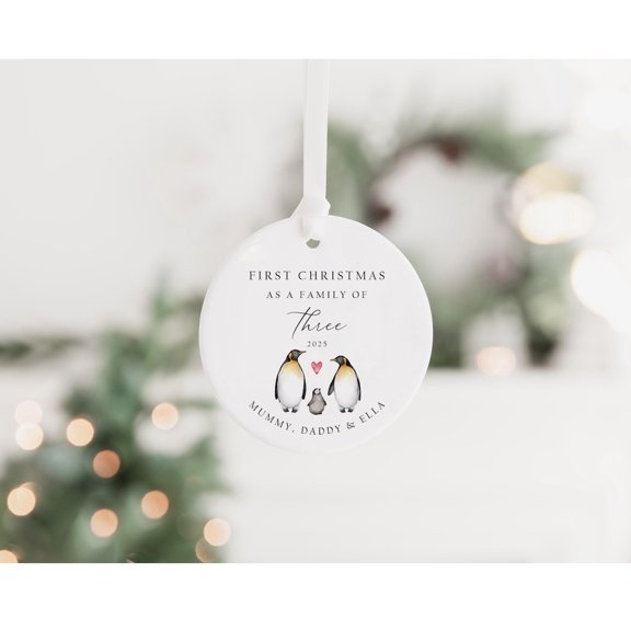 First Christmas as a Family of 3 Ornament, Baby's First Christmas Ceramic Keepsake, Holiday Decoration Gift