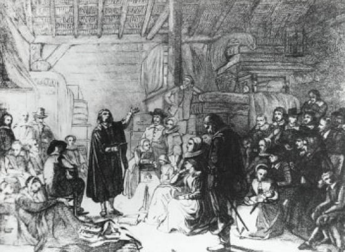 First Church Service of the Pilgrims in Plymouth American History Canvas Art - (18 x 24)