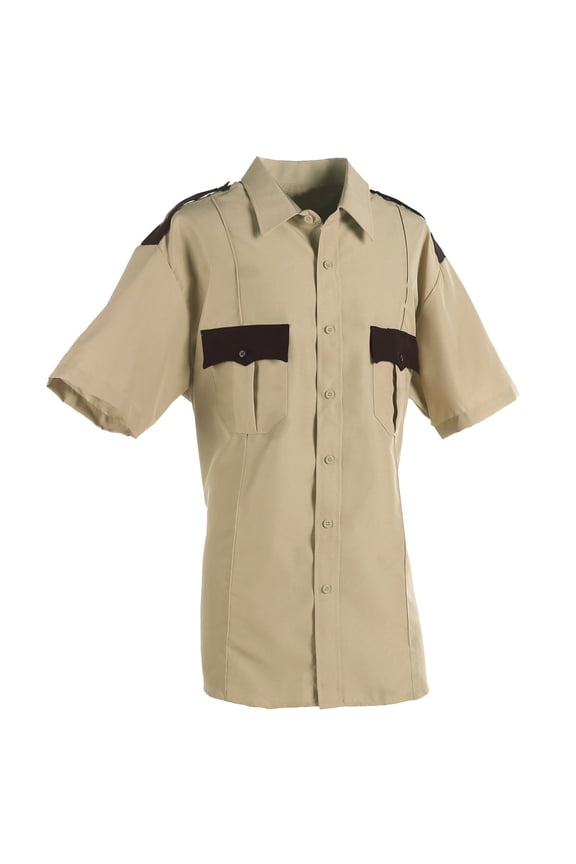 100% Polyester Two Tone Short Sleeve Uniform Shirt - Tan and Brown - M