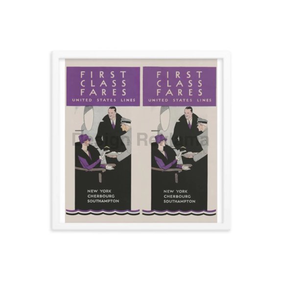 First Class Fares United States Lines New-York Cherbourg Southampton, 1931. Framed Vintage Travel Poster