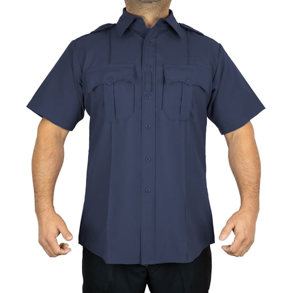 First Class Men's 100% Polyester Short Sleeve 4 Hidden Pocket Zipper Uniform Shirt(Large) NAVY BLUE Short Sleeve