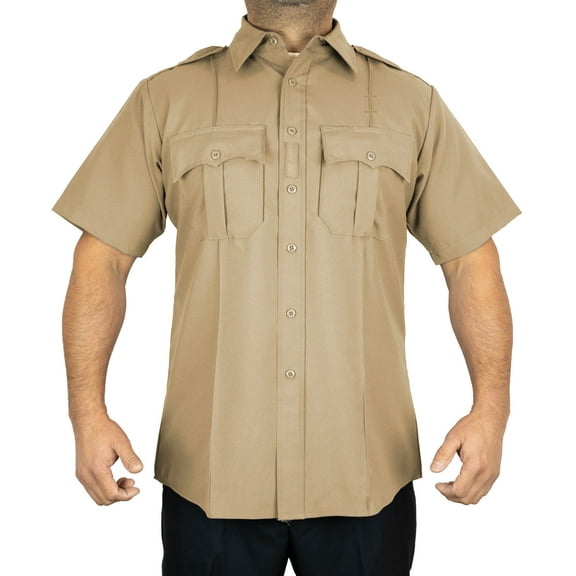 First Class Men's 100% Polyester Short Sleeve 4 Hidden Pocket Zipper Uniform Shirt(Large) TAN Short Sleeve