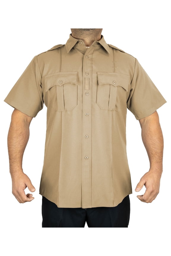 Men's 100% Polyester Short Sleeve 4 Hidden Pocket Zipper Uniform Shirt(Large) TAN Short Sleeve