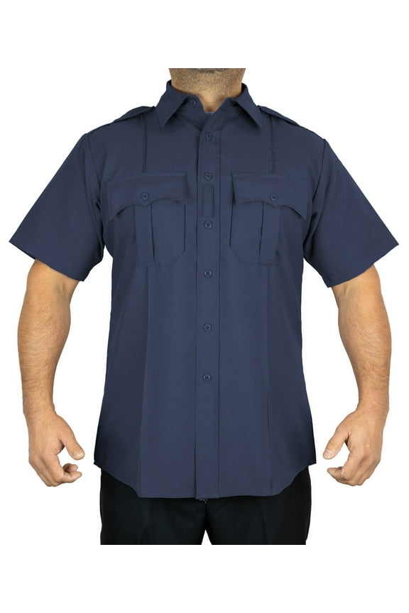 Men's 100% Polyester Short Sleeve 4 Hidden Pocket Zipper Uniform Shirt(Medium) NAVY BLUE Short Sleeve