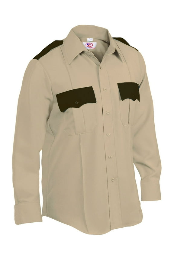Two Tone Long Sleeve Uniform Shirt - Tan - L
