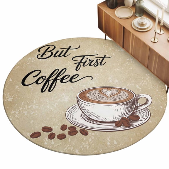 but First Coffee 6ft Non Slip Round Area Rug Farmhouse Latte Hot Drink Bean Brown Mottled Washable Soft Area Rugs for Living Room, Indoor Circle Carpet for Bedroom Dining Room Kitchen