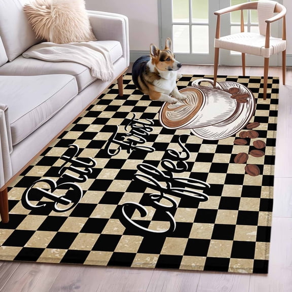 but First Coffee Area Rugs 4x6 ft Farmhouse Latte Hot Drink Brown Black Plaid Washable Rug Non Slip Indoor Carpet Absorbent Floor Mat for Living Room Bedroom Dining Room