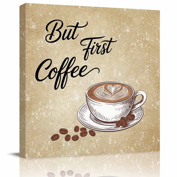 but First Coffee Framed Canvas Wall Art, Farmhouse Latte Hot Drink Bean Brown Mottled Wall Art Painting for Living Room Bedroom Home Decor, 8”x8”, Office Artwork Print